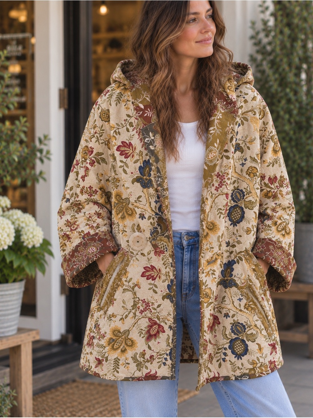 Handmade Floral Tapestry Hooded Jacket Oversized Cottagecore Boho Coat M/L
